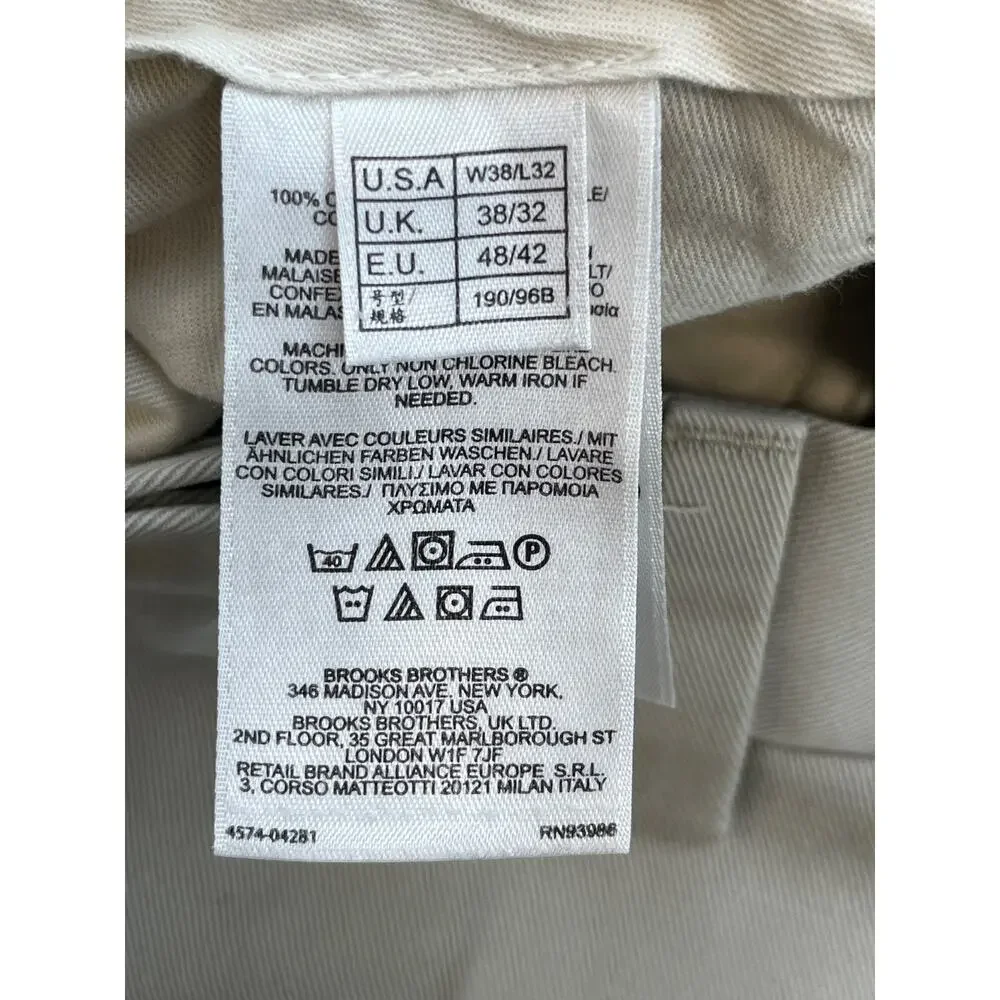 Brooks Brothers Pants Mens 38 x‎ 32 Beige 100% Cotton Chino Hudson